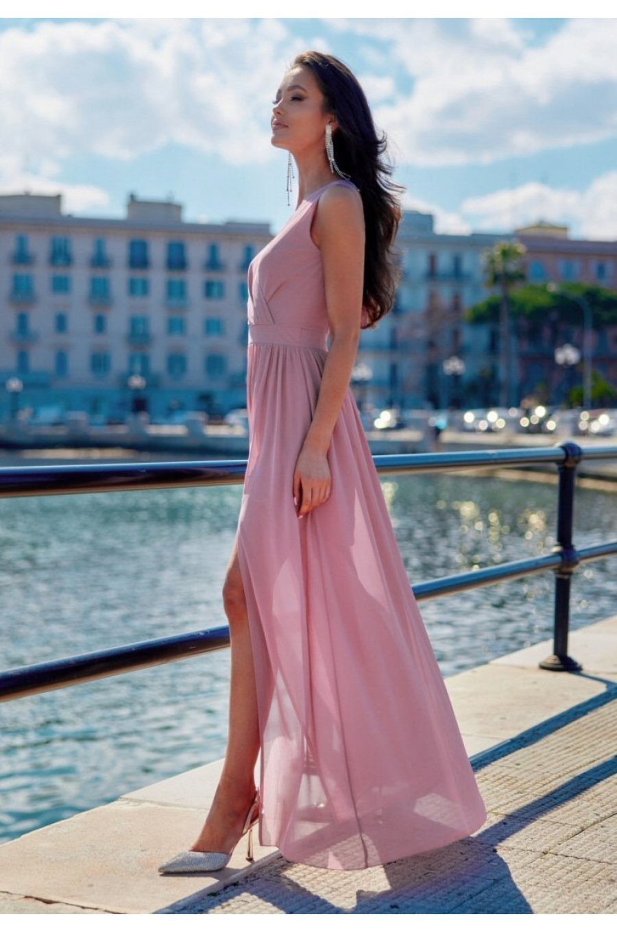 Rochie lunga din voal roz prafuit vaporoasa Yurianne 3 - jojofashion.ro
