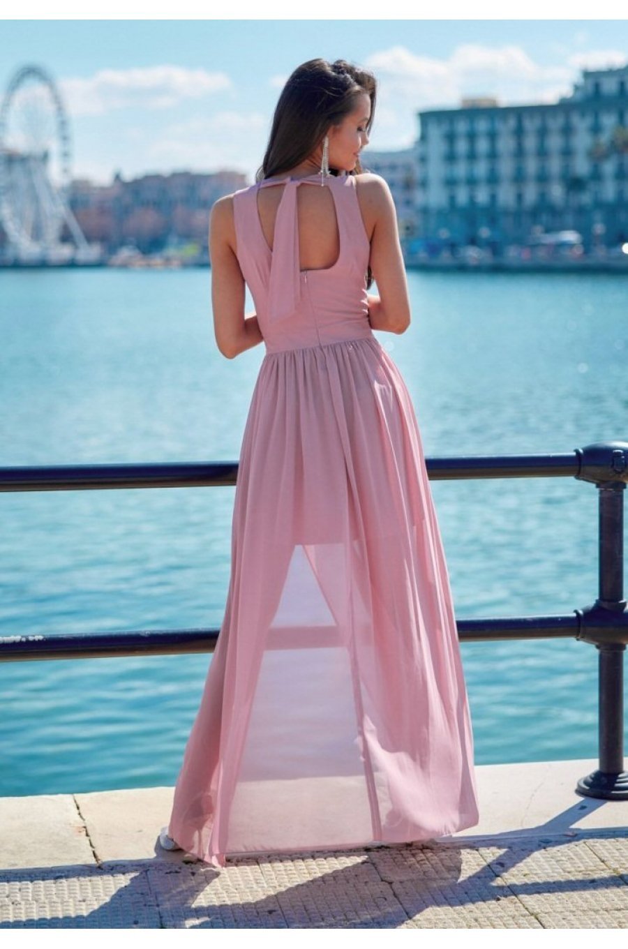 Rochie lunga din voal roz prafuit vaporoasa Yurianne 2 - jojofashion.ro