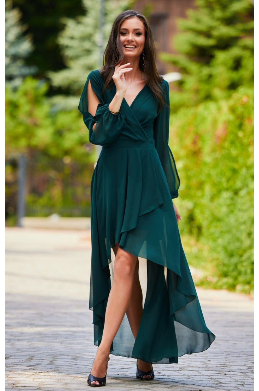 Rochie eleganta lunga din voal verde, petrecuta, asimetrica, cu maneca lunga, Jessica 1 - jojofashion.ro