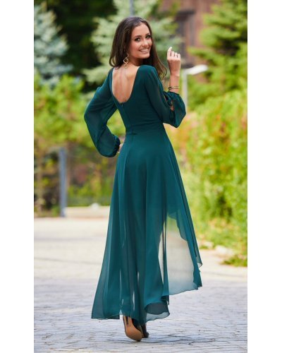 Rochie lunga din voal verde vaporoasa cu maneca lunga Jessica Rochii de Ocazie Elegante, Rochie lunga din voal verde vaporoasa cu maneca lunga Jessica - jojofashion.ro
