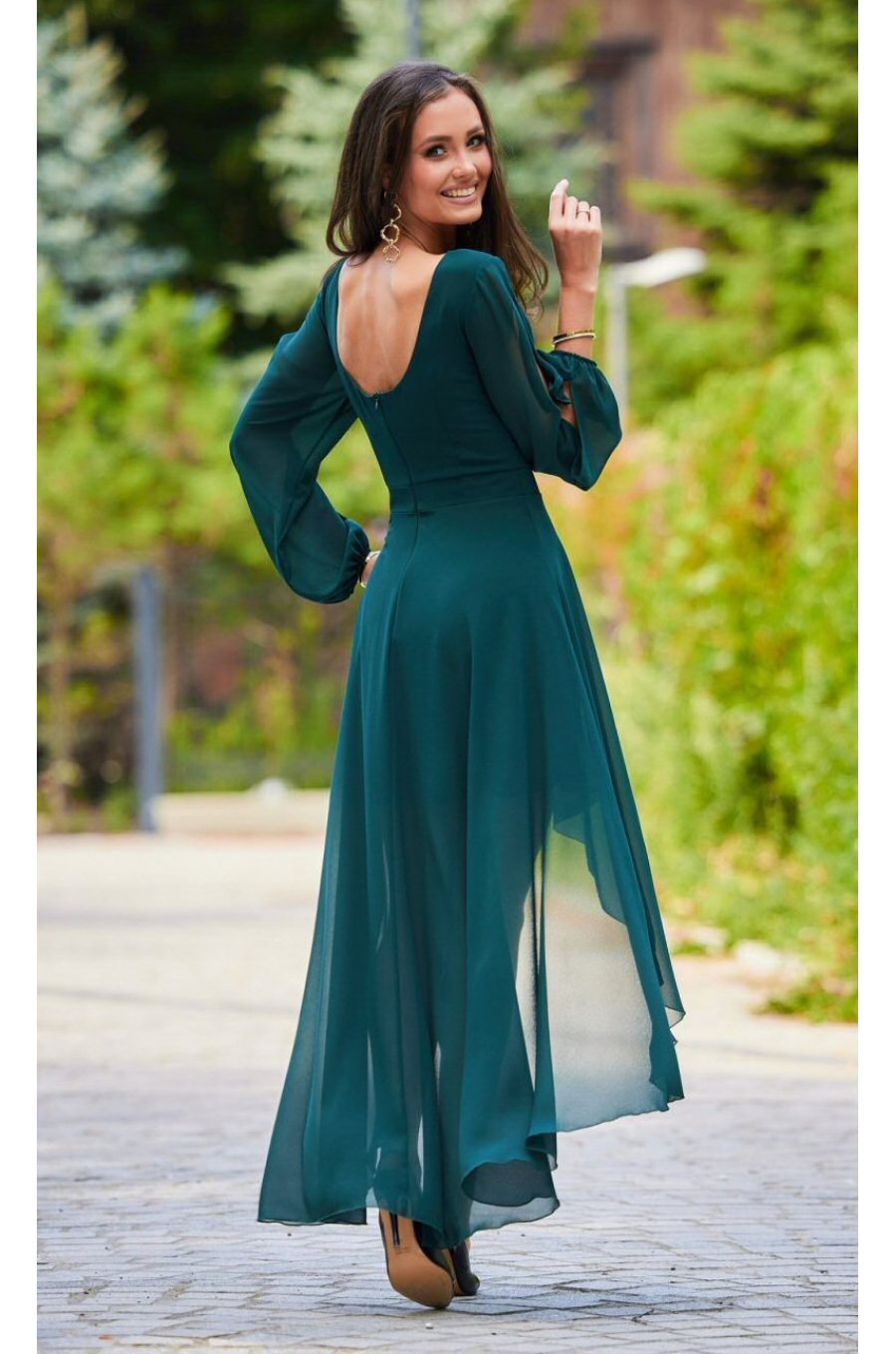 Rochie eleganta lunga din voal verde, petrecuta, asimetrica, cu maneca lunga, Jessica 2 - jojofashion.ro