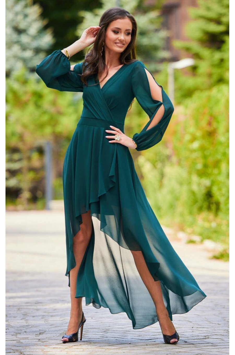 Rochie eleganta lunga din voal verde, petrecuta, asimetrica, cu maneca lunga, Jessica 3 - jojofashion.ro