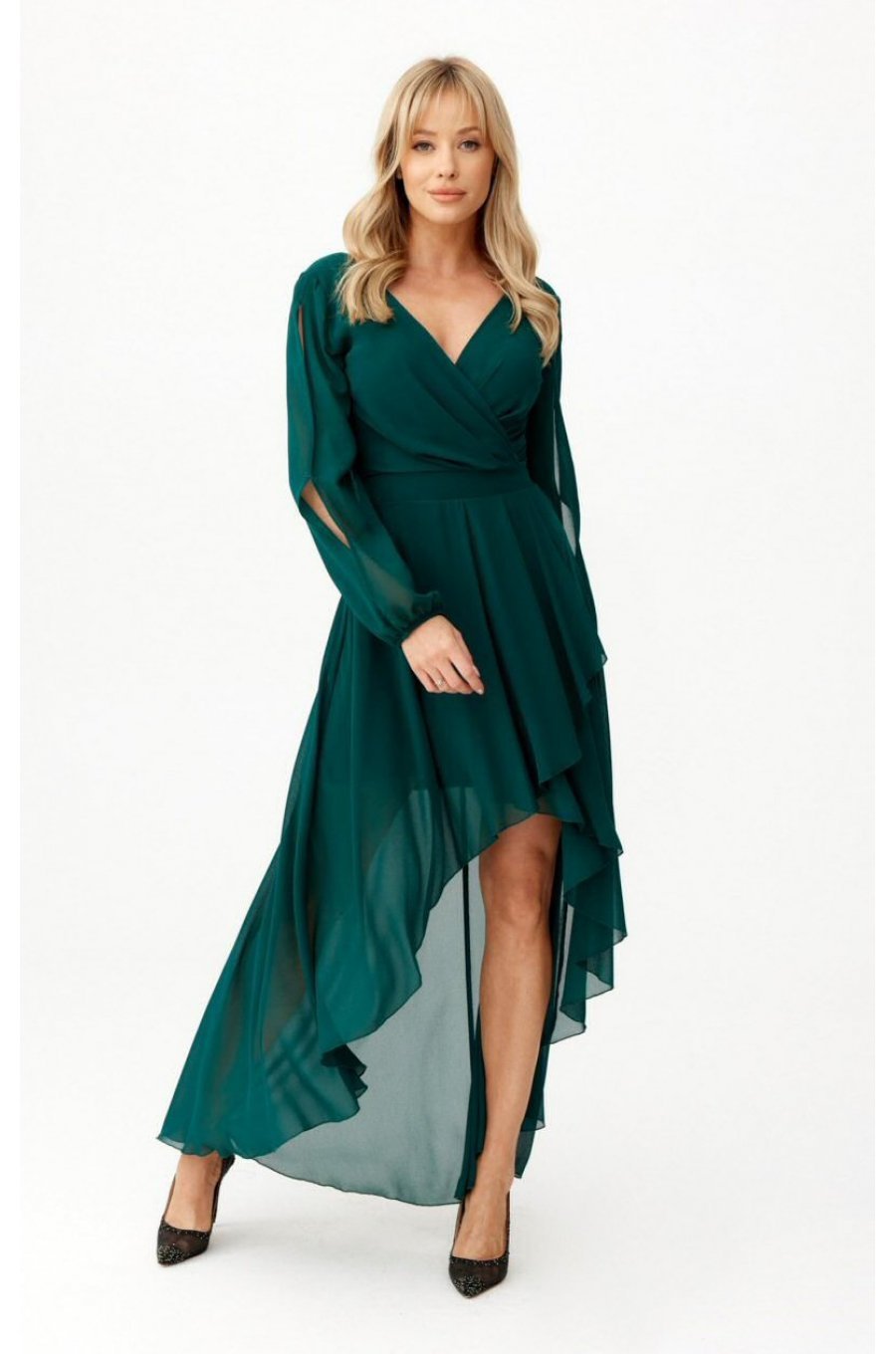 Rochie eleganta lunga din voal verde, petrecuta, asimetrica, cu maneca lunga, Jessica 5 - jojofashion.ro