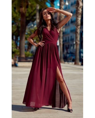Rochie lunga din voal burgundy vaporoasa Yurianne Rochii lungi, Rochie lunga din voal burgundy vaporoasa Yurianne - jojofashion.ro