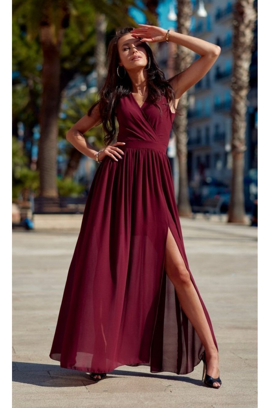 Rochie lunga din voal burgundy vaporoasa Yurianne 1 - jojofashion.ro