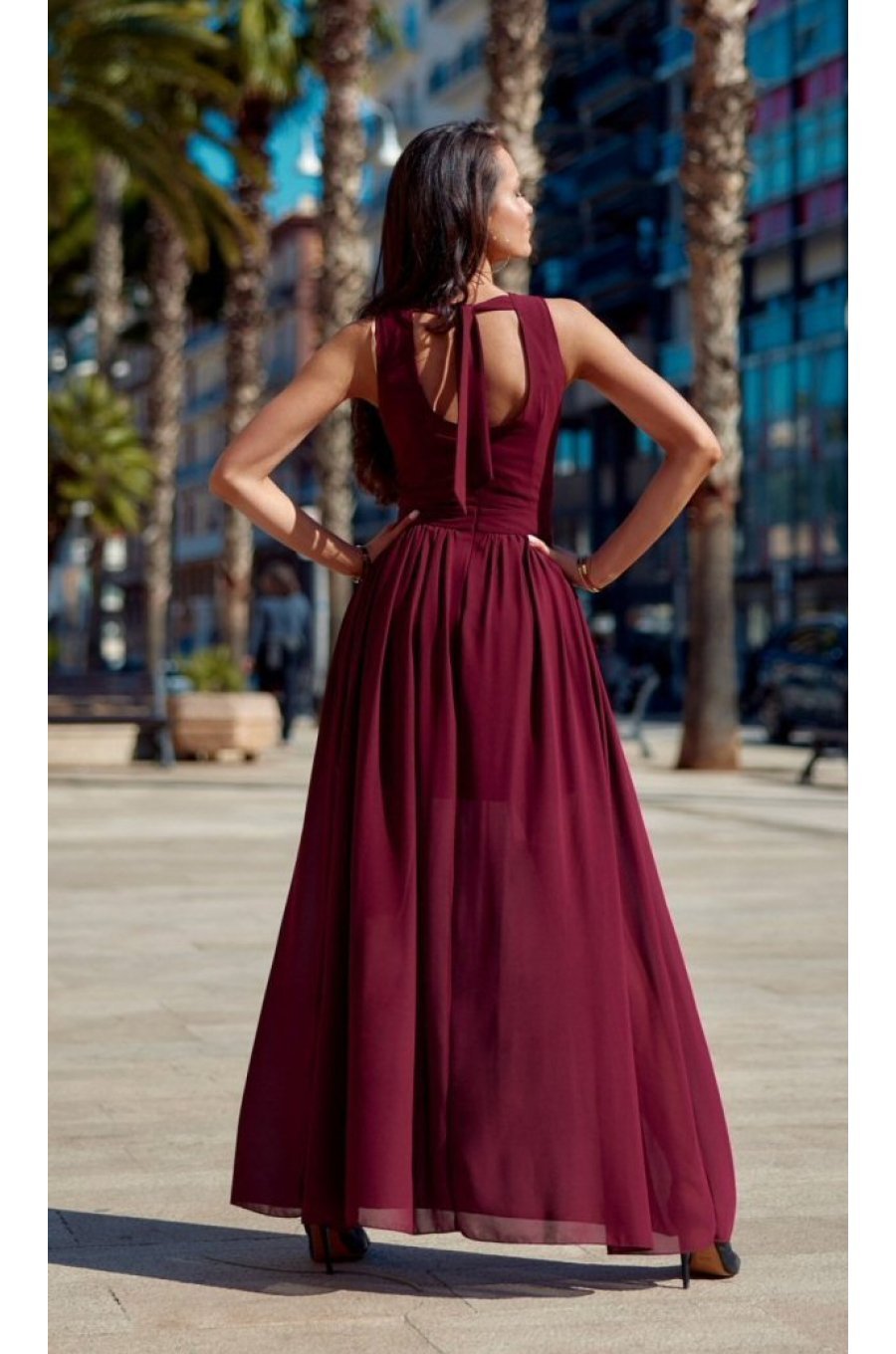 Rochie lunga din voal burgundy vaporoasa Yurianne 2 - jojofashion.ro