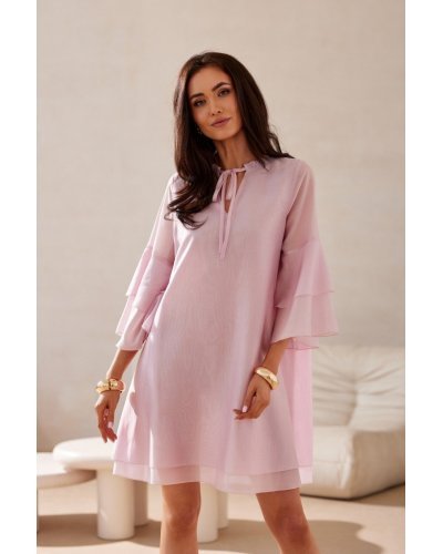 Rochie scurta roz pal vaporoasa croi in A cu volane la maneca BeatriceR Rochii scurte, Rochie scurta roz pal vaporoasa croi in A cu volane la maneca BeatriceR - jojofashion.ro