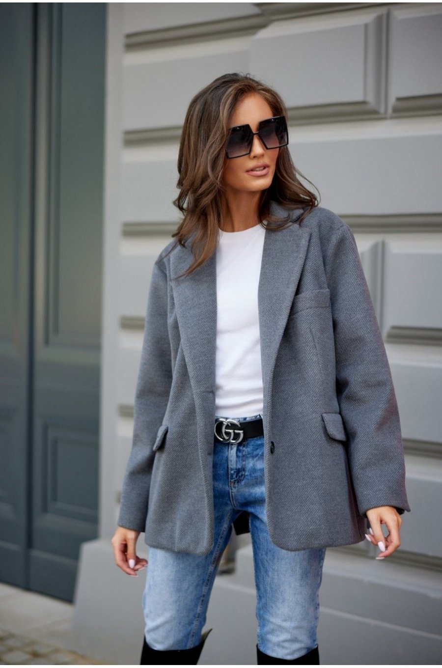 Sacou dama oversize, gri, clasic, Beren 1 - jojofashion.ro