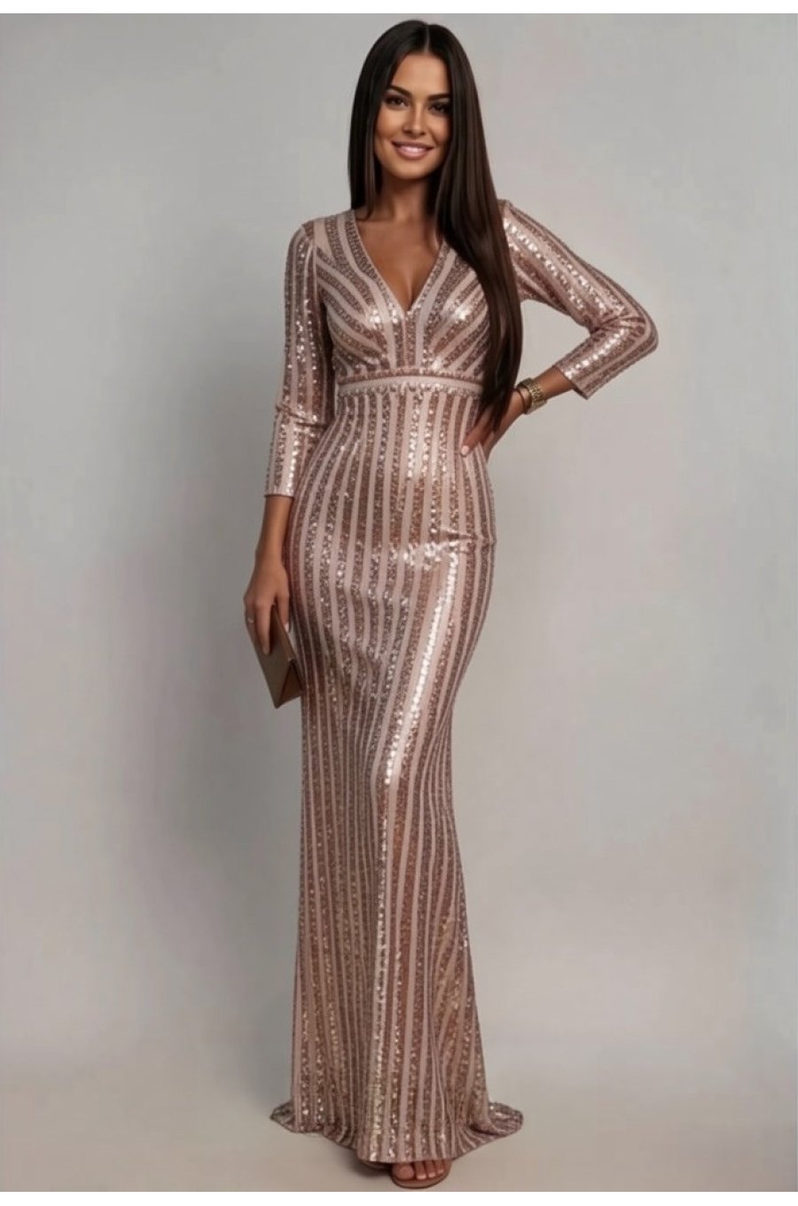 Rochie lunga mulata aurie din paiete Sophie 1 - jojofashion.ro