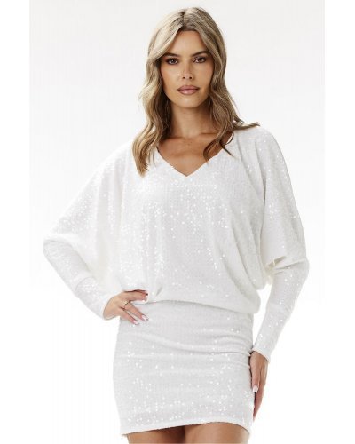 Rochie alba din catifea cu paiete scurta mulata cu maneca lunga Dana Rochii cununie civila, Rochie alba din catifea cu paiete scurta mulata cu maneca lunga Dana - jojofashion.ro