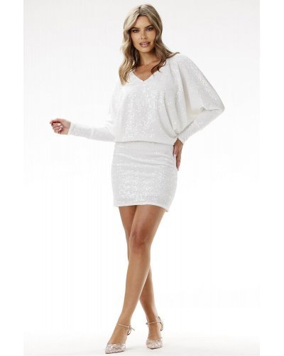 Rochie alba din catifea cu paiete scurta mulata cu maneca lunga Dana Rochii cununie civila, Rochie alba din catifea cu paiete scurta mulata cu maneca lunga Dana - jojofashion.ro