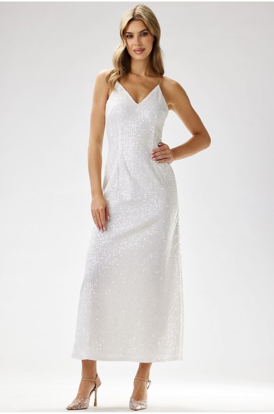 Rochie alba din paiete lunga mulata tip furou Christa1 1 - jojofashion.ro