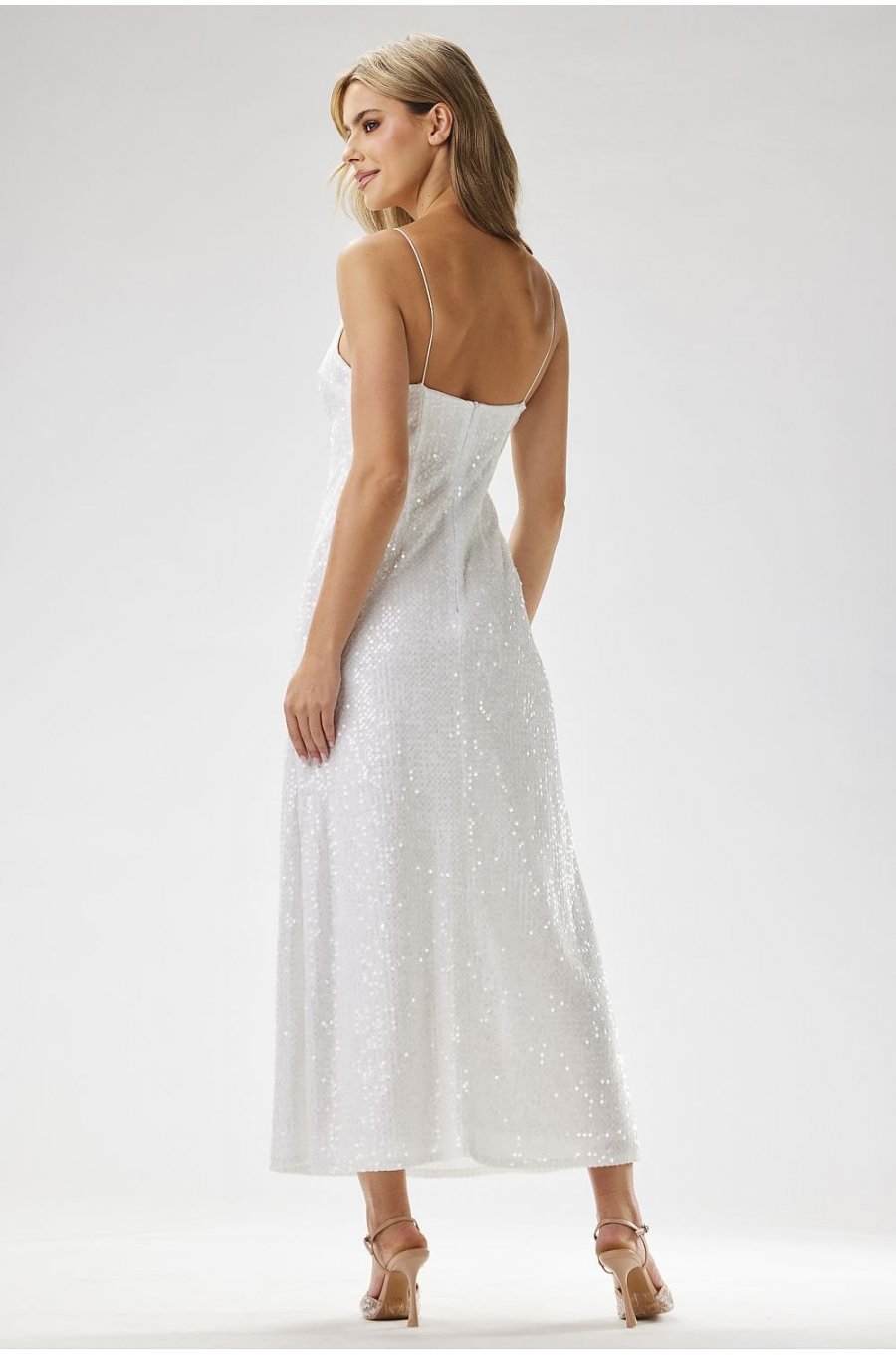 Rochie alba din paiete lunga mulata tip furou Christa1 3 - jojofashion.ro