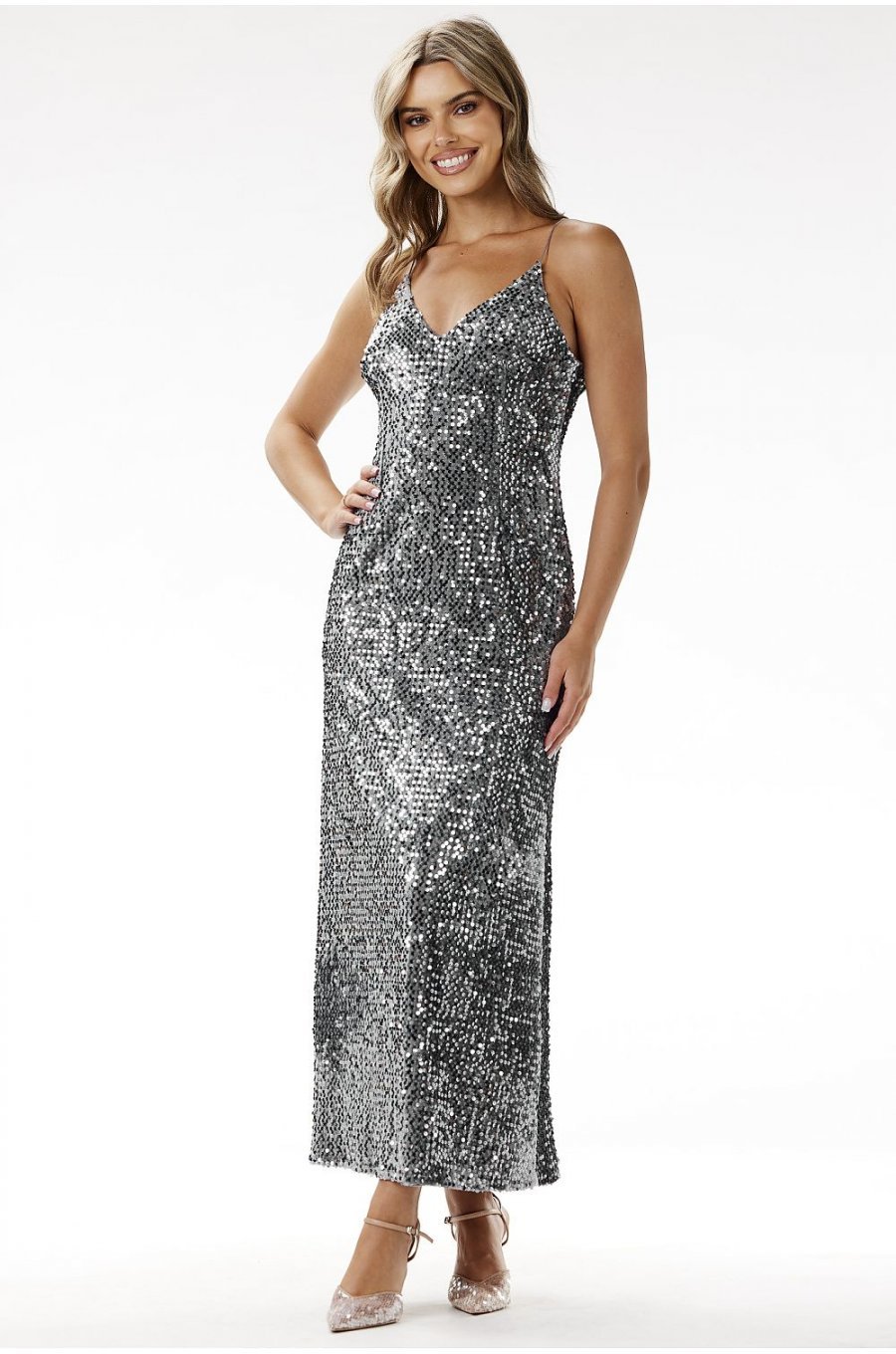 Rochie argintie din paiete lunga mulata tip furou Christa2 1 - jojofashion.ro