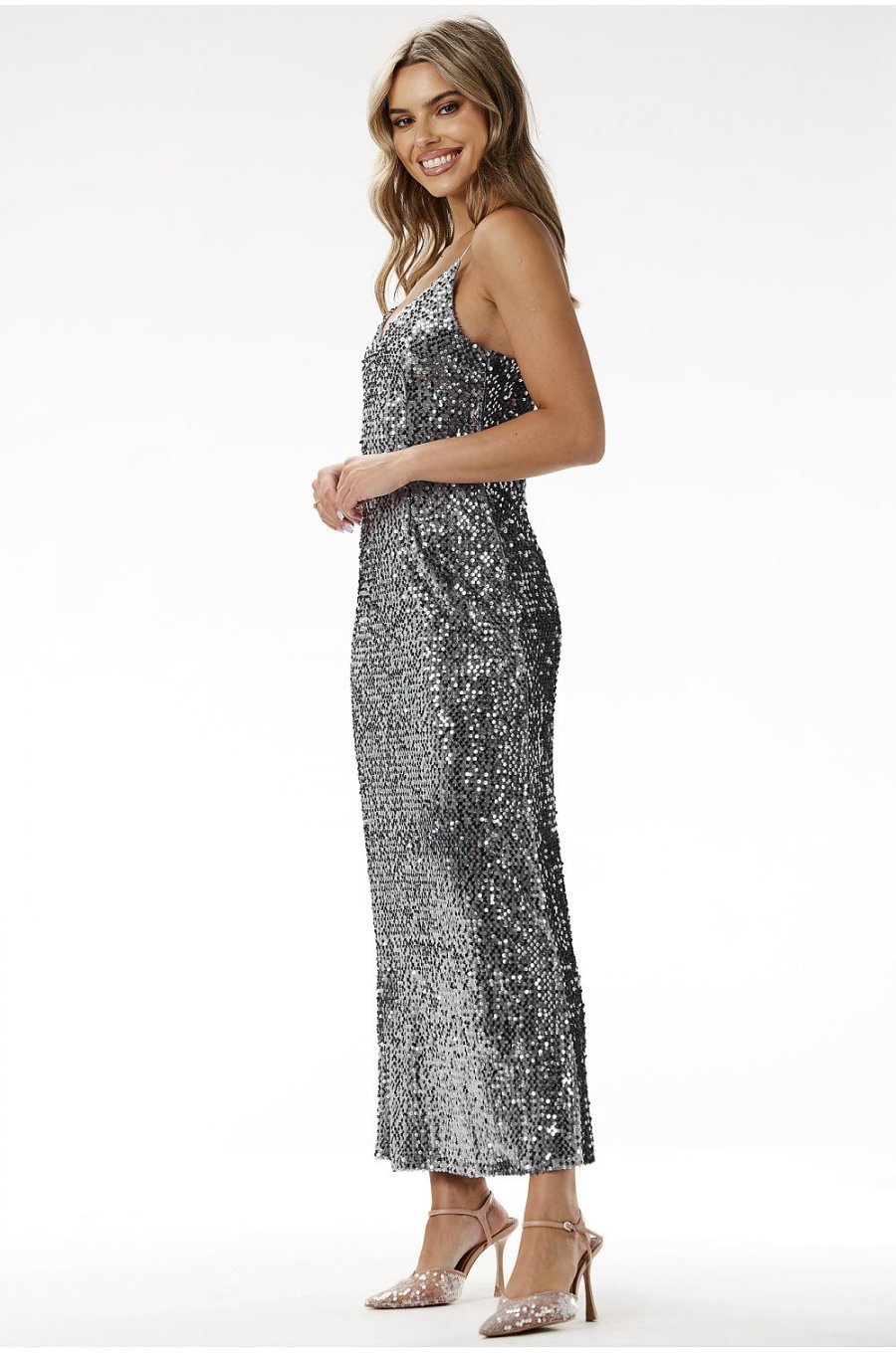 Rochie argintie din paiete lunga mulata tip furou Christa2 2 - jojofashion.ro