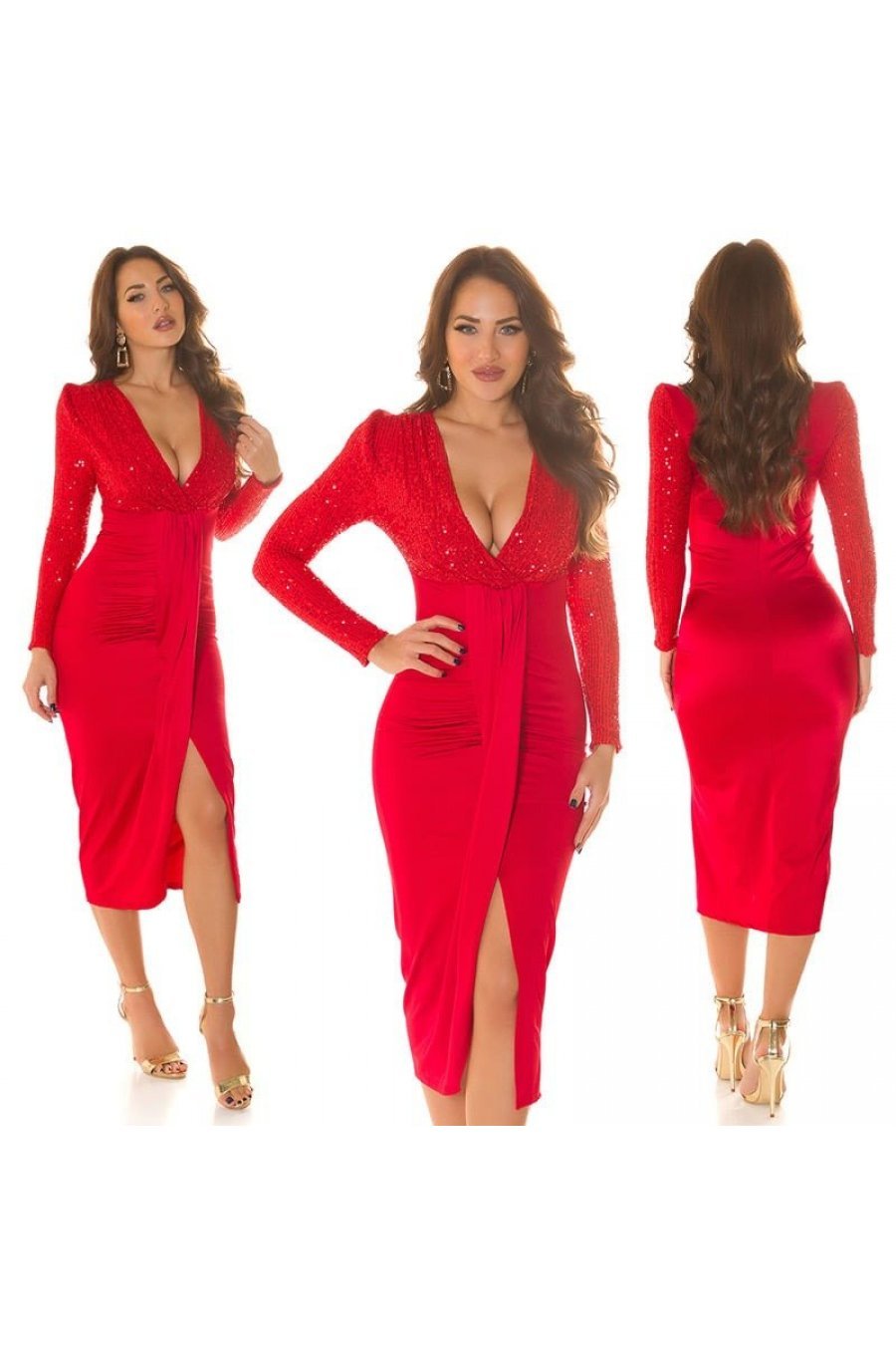 Rochie midi mulata rosie cu paiete pe bust cu maneca lunga Caliona 7 - jojofashion.ro