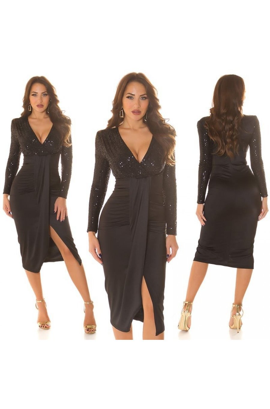 Rochie de seara midi, cu paiete pe bust, neagra, mulata, cu maneca lunga, Caliona 7 - jojofashion.ro