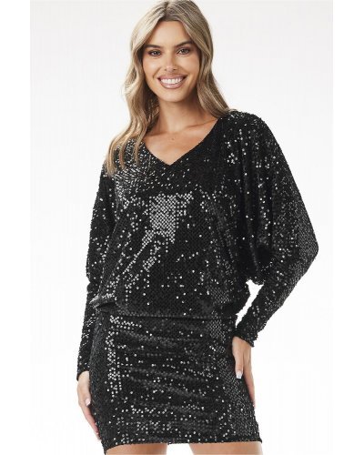 Rochie neagra din catifea cu paiete scurta mulata cu maneca lunga Dana Rochie neagra din catifea cu paiete scurta mulata cu maneca lunga Dana - jojofashion.ro
