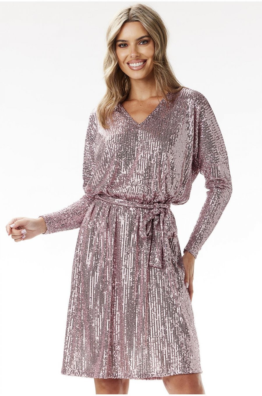 Rochie paiete roz midi A-line cu maneca lunga MoonShine 1 - jojofashion.ro