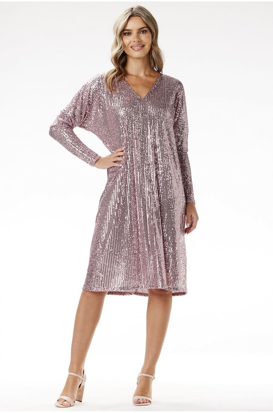 Rochie paiete roz midi A-line cu maneca lunga MoonShine 3 - jojofashion.ro
