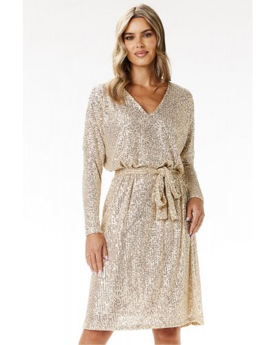 Rochie paiete sampanie midi A-line cu maneca lunga MoonShine Rochii cununie civila, Rochie paiete sampanie midi A-line cu maneca lunga MoonShine - jojofashion.ro