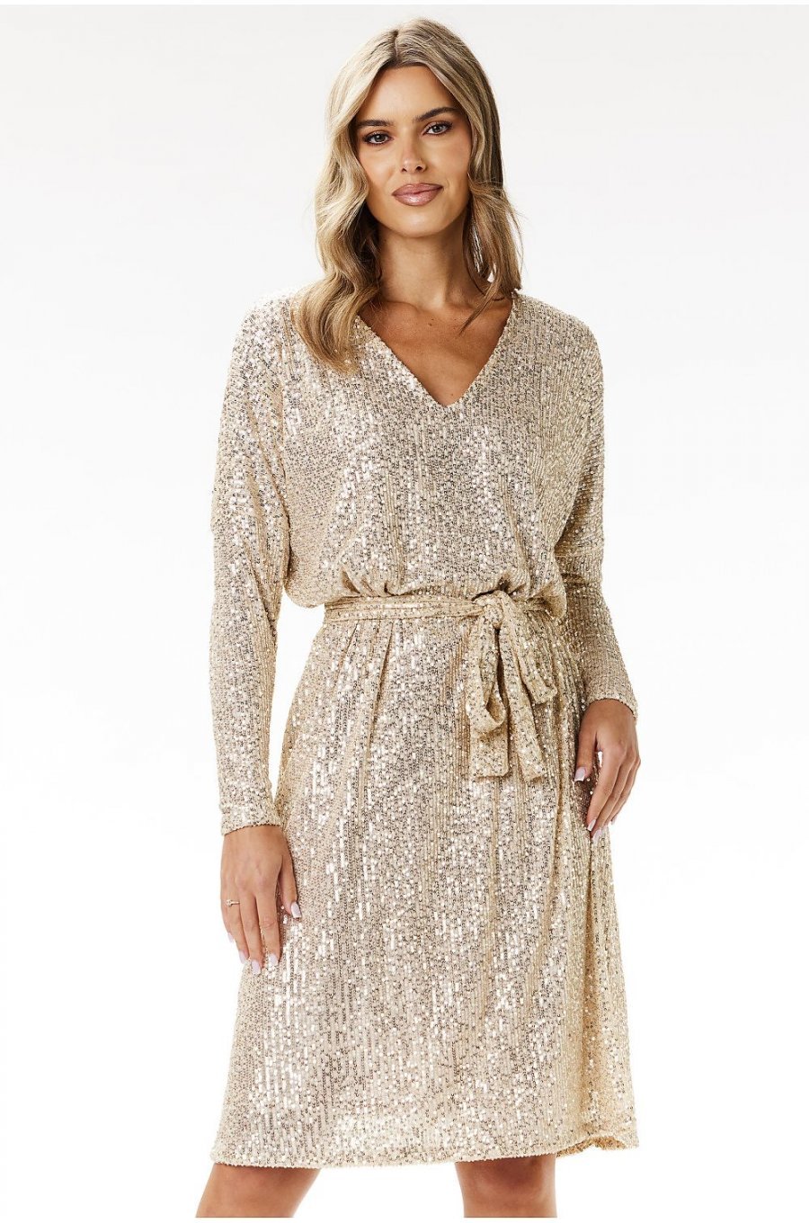 Rochie paiete sampanie midi A-line cu maneca lunga MoonShine 1 - jojofashion.ro