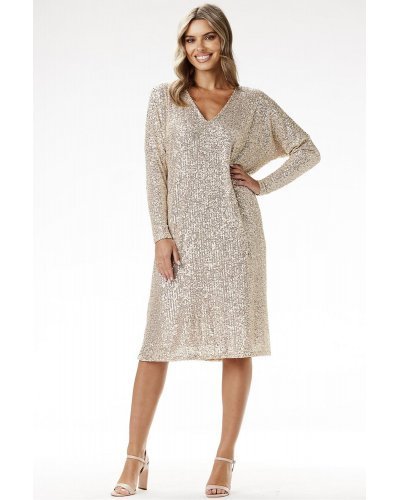 Rochie paiete sampanie midi A-line cu maneca lunga MoonShine Rochii cununie civila, Rochie paiete sampanie midi A-line cu maneca lunga MoonShine - jojofashion.ro