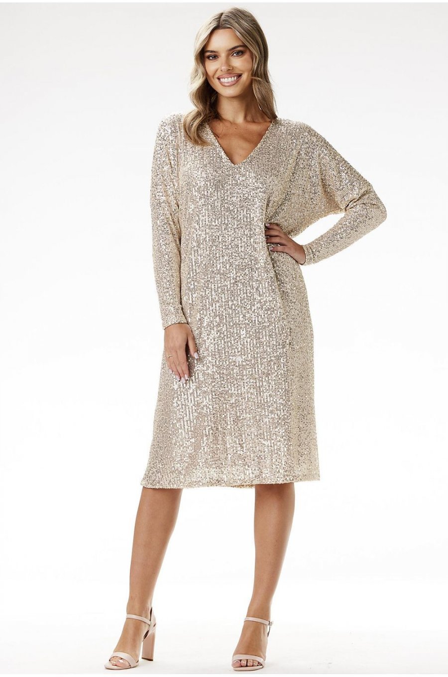 Rochie paiete sampanie midi A-line cu maneca lunga MoonShine 2 - jojofashion.ro