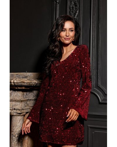 Rochie scurta burgundy din paiete cu maneca lunga OpheliaR Tinute de petrecere, Rochie scurta burgundy din paiete cu maneca lunga OpheliaR - jojofashion.ro