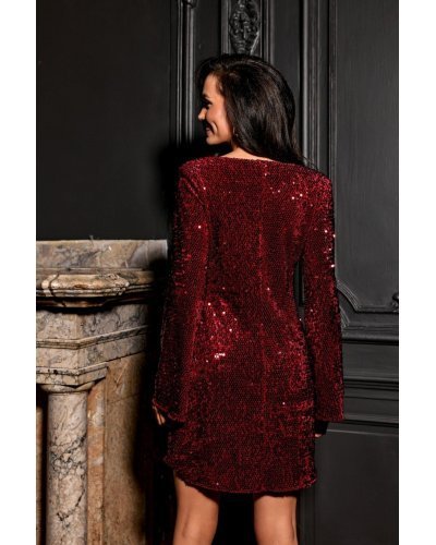 Rochie scurta burgundy din paiete cu maneca lunga OpheliaR Tinute de petrecere, Rochie scurta burgundy din paiete cu maneca lunga OpheliaR - jojofashion.ro