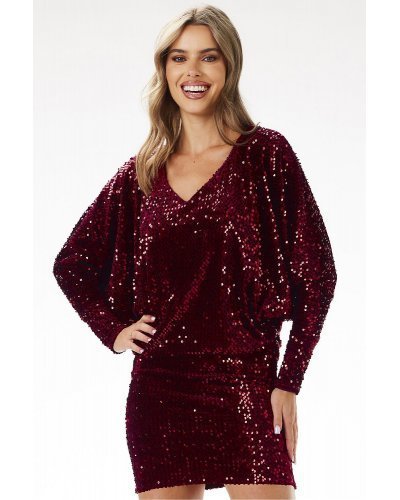 Rochie scurta din catifea burgundy cu paiete si maneca lunga Dana1 Rochii de nasa, Rochie scurta din catifea burgundy cu paiete si maneca lunga Dana1 - jojofashion.ro