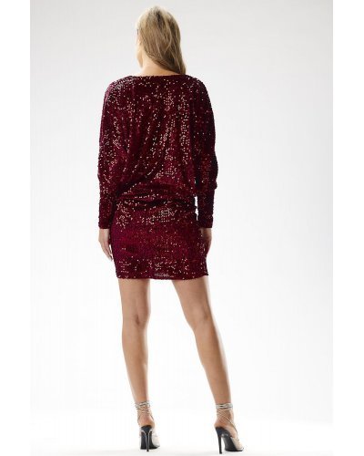 Rochie scurta din catifea burgundy cu paiete si maneca lunga Dana1 Rochii de nasa, Rochie scurta din catifea burgundy cu paiete si maneca lunga Dana1 - jojofashion.ro