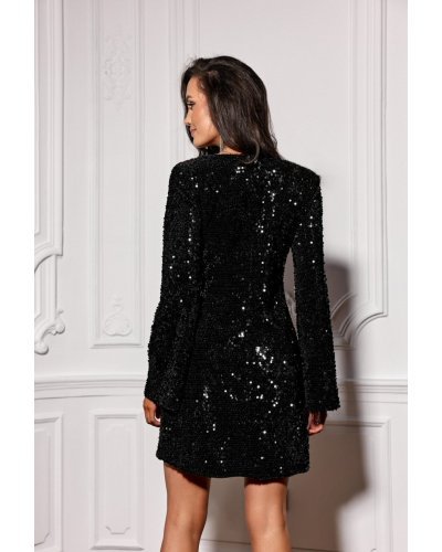 Rochie scurta neagra din paiete cu maneca lunga OpheliaR Tinute de petrecere, Rochie scurta neagra din paiete cu maneca lunga OpheliaR - jojofashion.ro