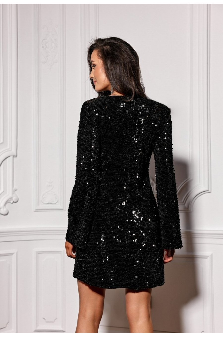 Rochie scurta neagra din paiete cu maneca lunga OpheliaR 2 - jojofashion.ro