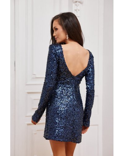 Rochii paiete, Rochie scurta paiete bleumarin navy mulata cu maneca lunga GemmaR - jojofashion.ro