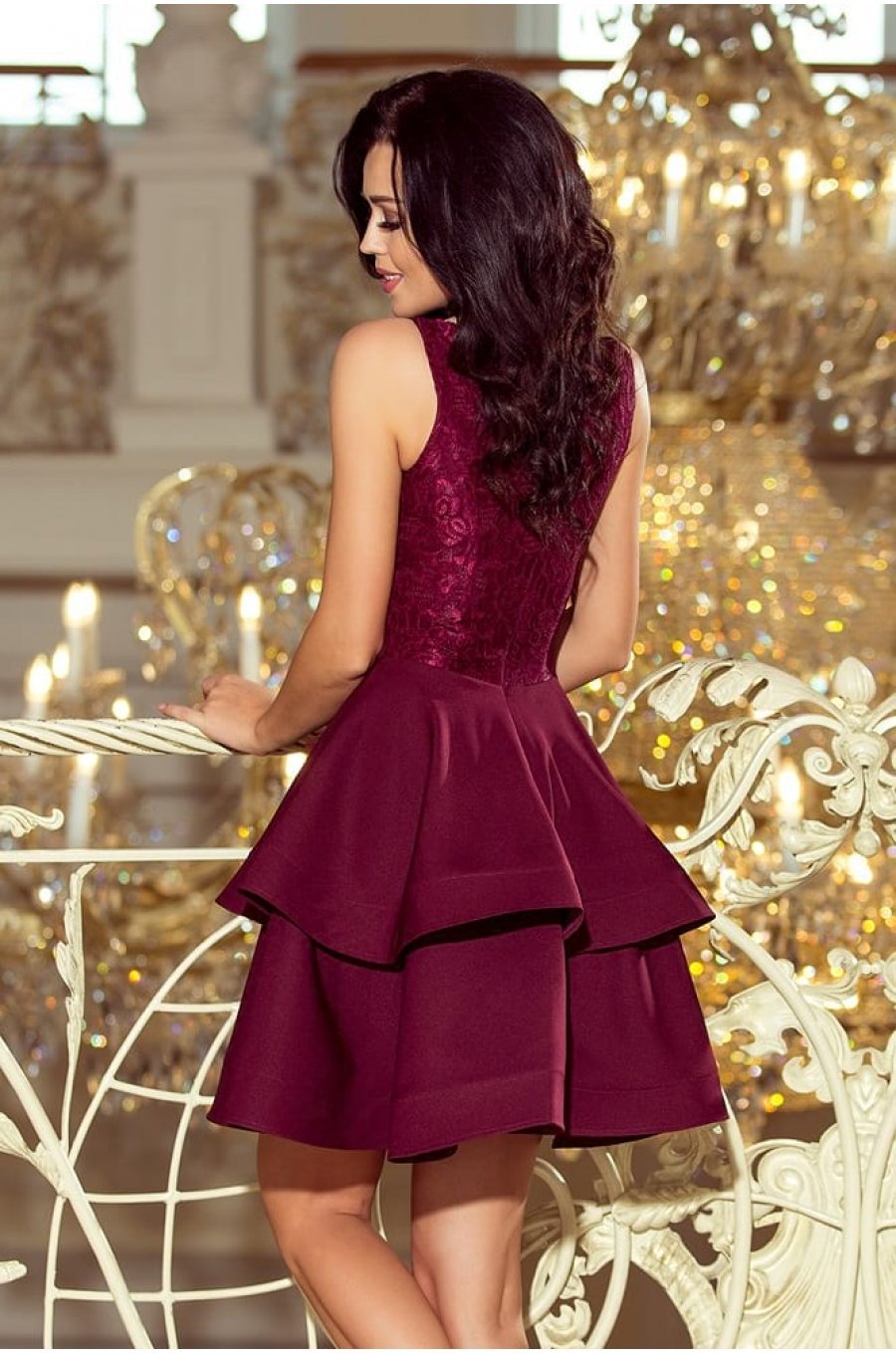 Rochie baby doll scurta, cu dantela, burgundy, cu volane, Zoey 2 - jojofashion.ro