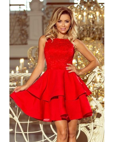 Rochie baby doll rosie cu dantela cu volane suprapuse Zoey Rochii rosii, Rochie baby doll rosie cu dantela cu volane suprapuse Zoey - jojofashion.ro