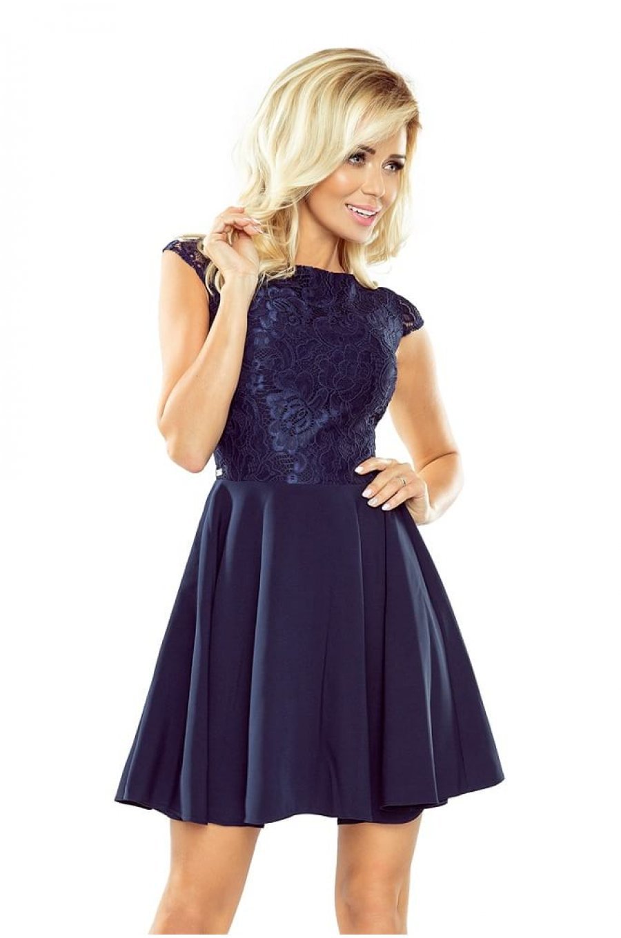Rochie scurta babydoll cu dantela bleumarin Aubrey 1 - jojofashion.ro