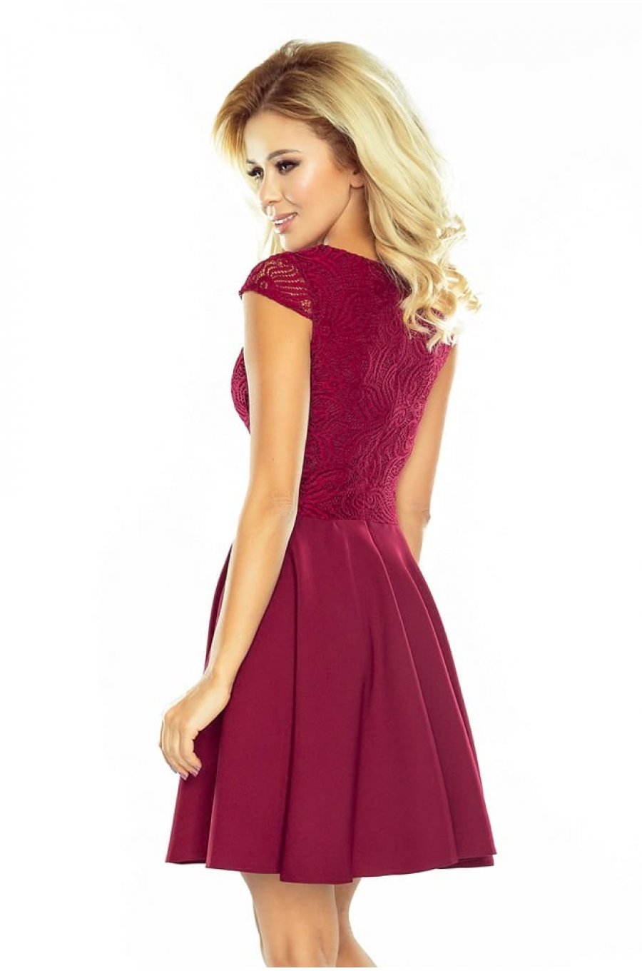 Rochie de ocazie scurta, cu dantela, burgundy, babydoll, Aubrey 2 - jojofashion.ro