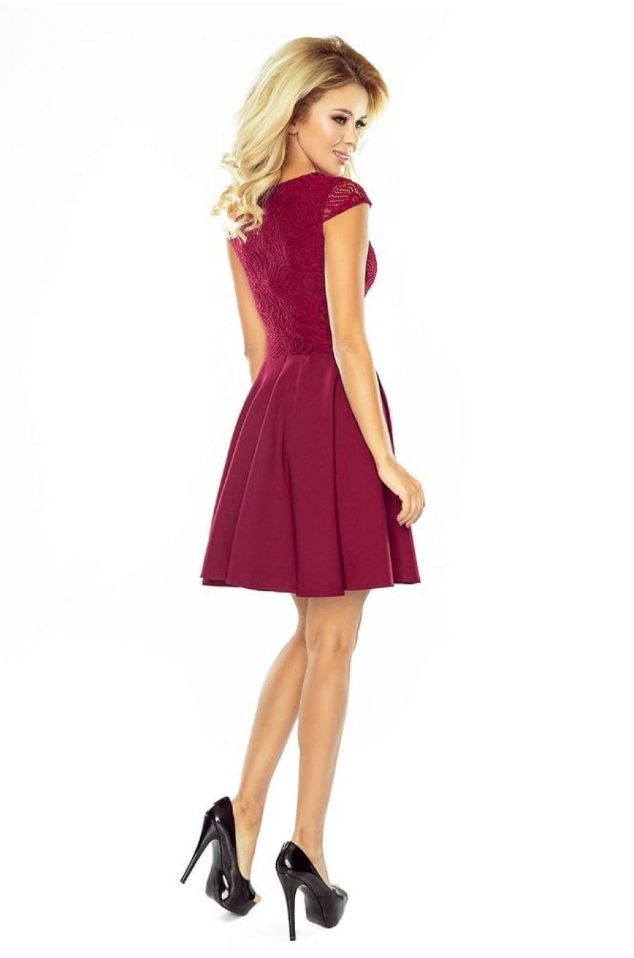 Rochie de ocazie scurta, cu dantela, burgundy, babydoll, Aubrey 4 - jojofashion.ro