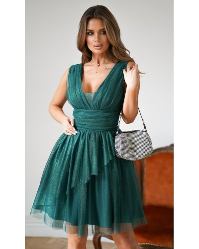 Rochii de Ocazie Elegante, Rochie baby doll scurta, din brocard verde, cu tul stratificat, vaporoasa, Shinna - jojofashion.ro