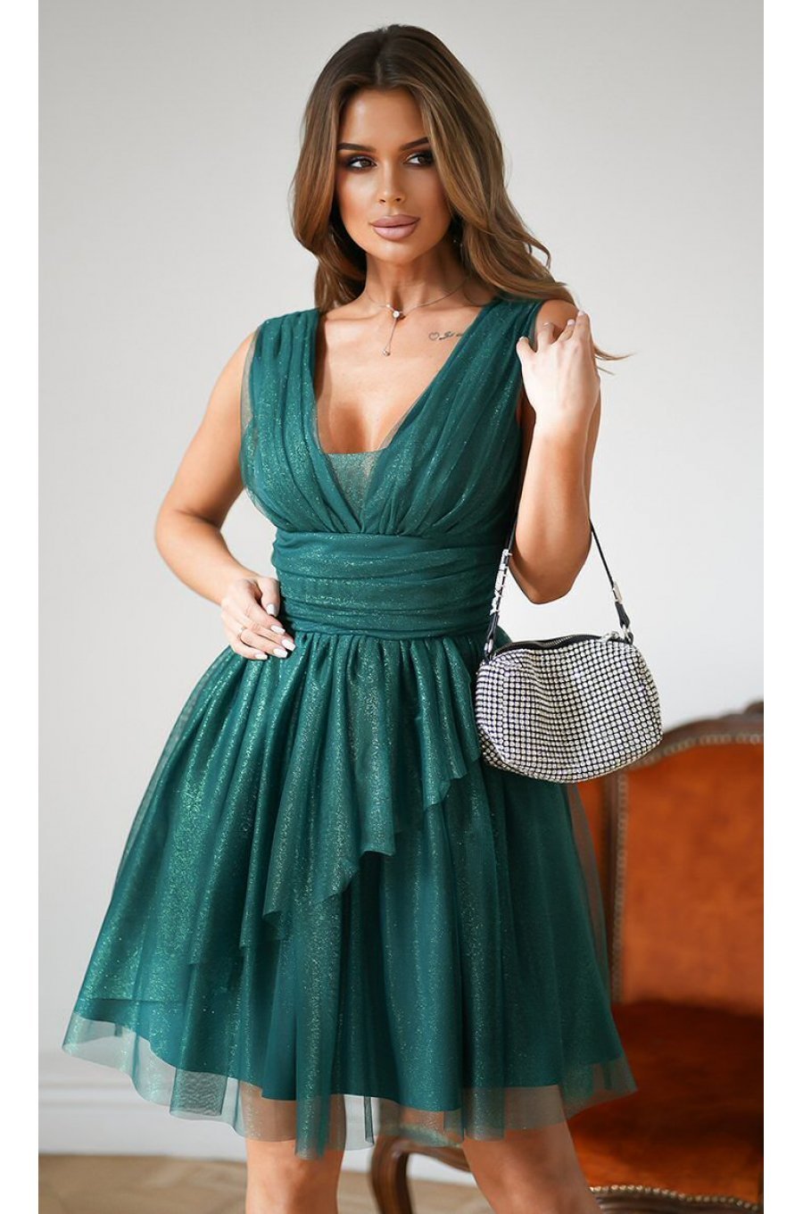 Rochie baby doll scurta, din brocard verde, cu tul stratificat, vaporoasa, Shinna 1 - jojofashion.ro