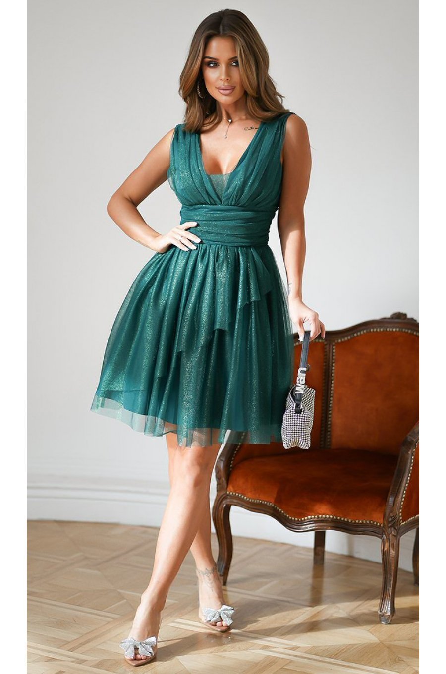 Rochie baby doll scurta, din brocard verde, cu tul stratificat, vaporoasa, Shinna 2 - jojofashion.ro