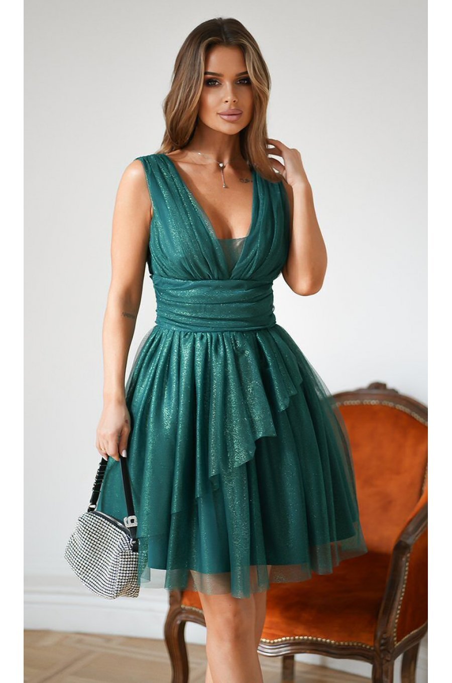 Rochie baby doll scurta, din brocard verde, cu tul stratificat, vaporoasa, Shinna 3 - jojofashion.ro