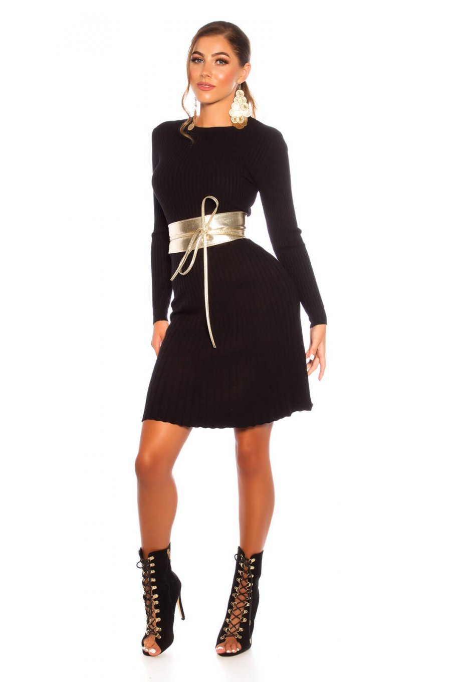 Rochie scurta neagra tricotata cu maneca lunga Eveline 4 - jojofashion.ro