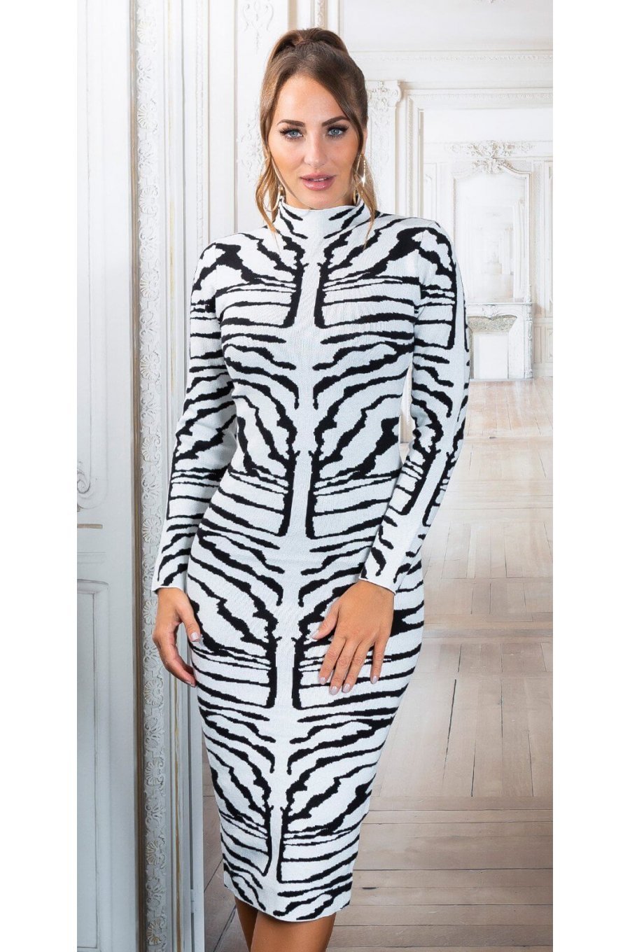 Rochie tricotata, de toamna, alba animal print zebra Armina 1 - jojofashion.ro