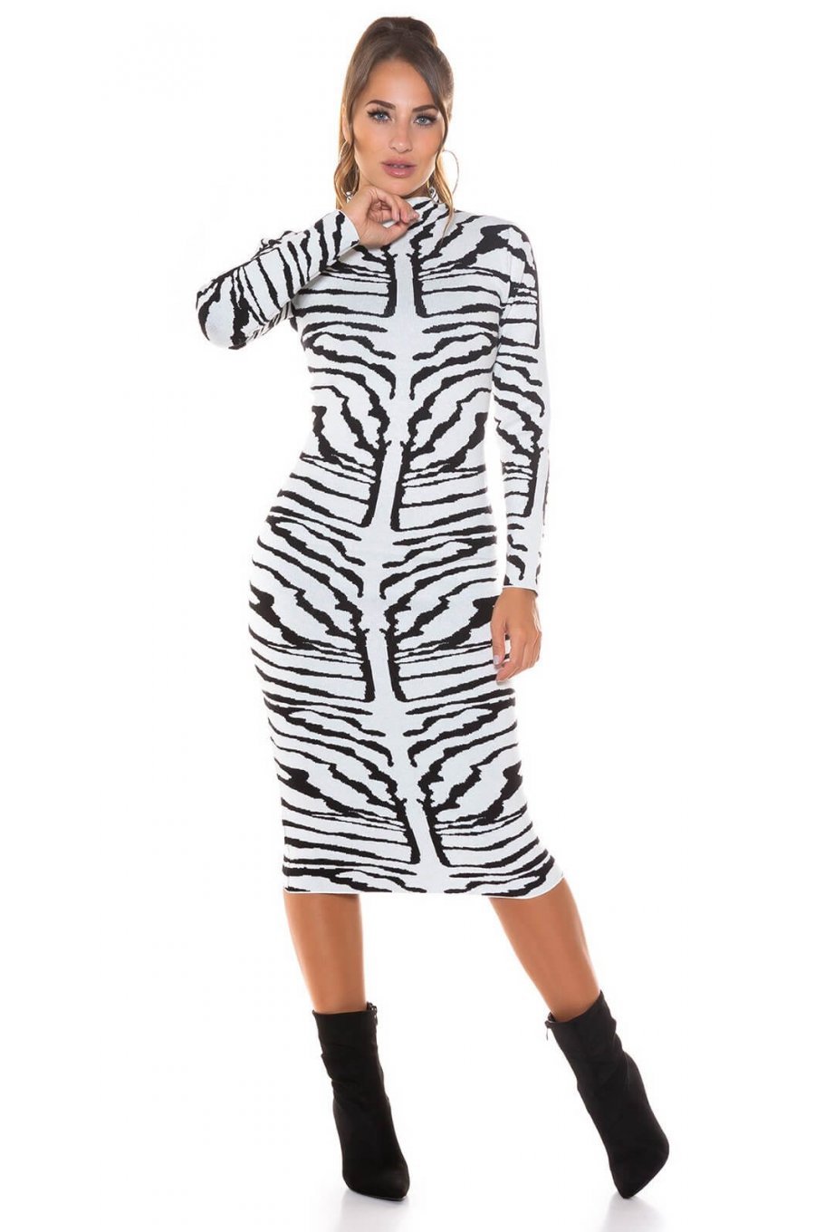 Rochie tricotata, de toamna, alba animal print zebra Armina 3 - jojofashion.ro