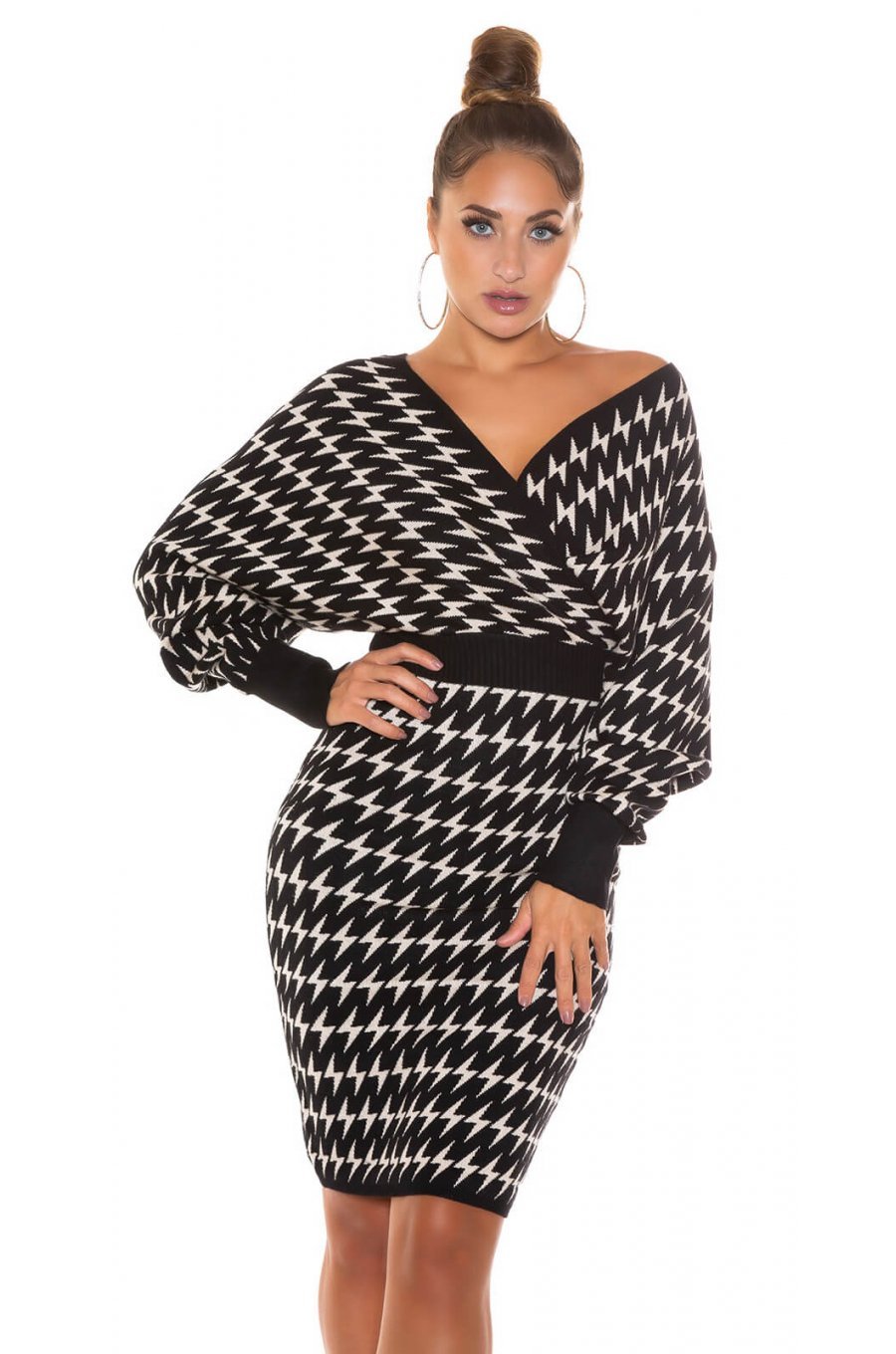 Rochie tricotata, midi, bej-negru, petrecuta, cu maneca lunga, Luiza 1 - jojofashion.ro