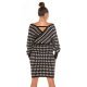 Rochie tricotata, midi, bej-negru, petrecuta, cu maneca lunga, Luiza 3 - jojofashion.ro