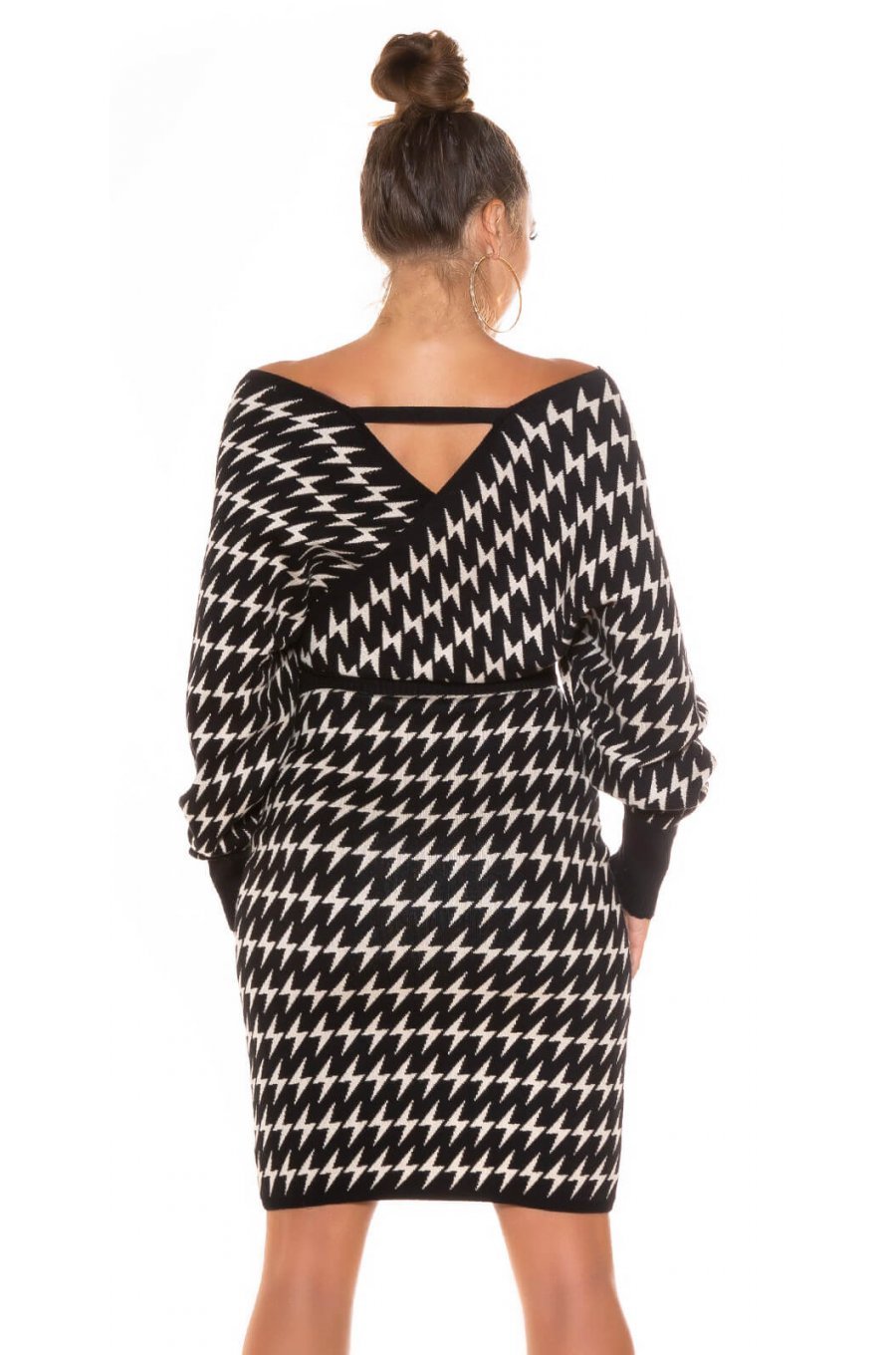 Rochie tricotata, midi, bej-negru, petrecuta, cu maneca lunga, Luiza 2 - jojofashion.ro